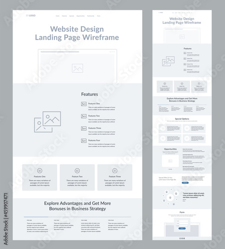 Website design template. Modern wireframe landing page for development. Flat one page site. UI UX elements. 