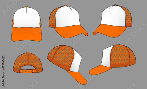 Orange-White Trucker Cap With Mesh Back and Adjustable Snap Back Strap Closure Design on Gray Background, Vector File.
