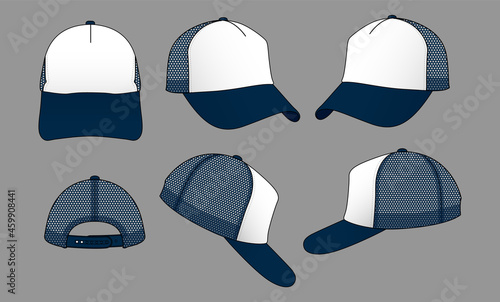 Navy Blue-White Trucker Style Cap With Mesh, Four Panel Back, and Adjustable Snap Back Strap Design on Gray Background, Vector File.