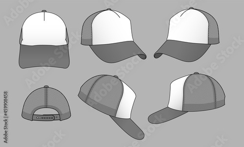 Gray-White Trucker Cap With Mesh Four Panel Back and Adjustable Snap Back Strap Design On Gray Background, Vector File