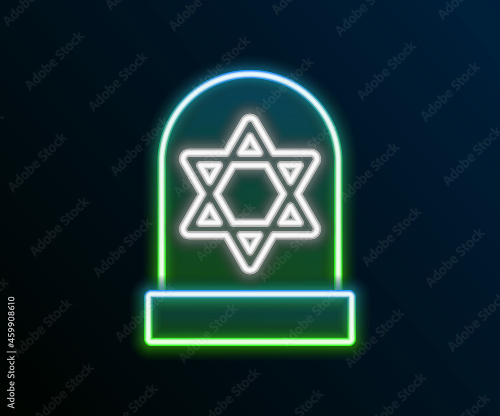 Glowing neon line Tombstone with star of david icon isolated on black background. Jewish grave stone. Gravestone icon. Colorful outline concept. Vector Glowing neon line Tombstone with star of david icon isolated on black background. Jewish grave stone. Gravestone icon. Colorful outline concept. Vector