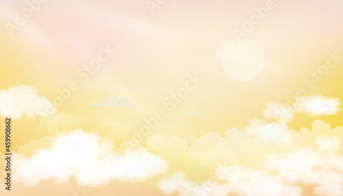 Sunrise in Morning with Orange,Yellow and Pink sky, Dramatic twilight cloudscape with Sunset in evening, Vector panoramic horizon pastel Sky banner of Sunset or sunlight for four seasons background