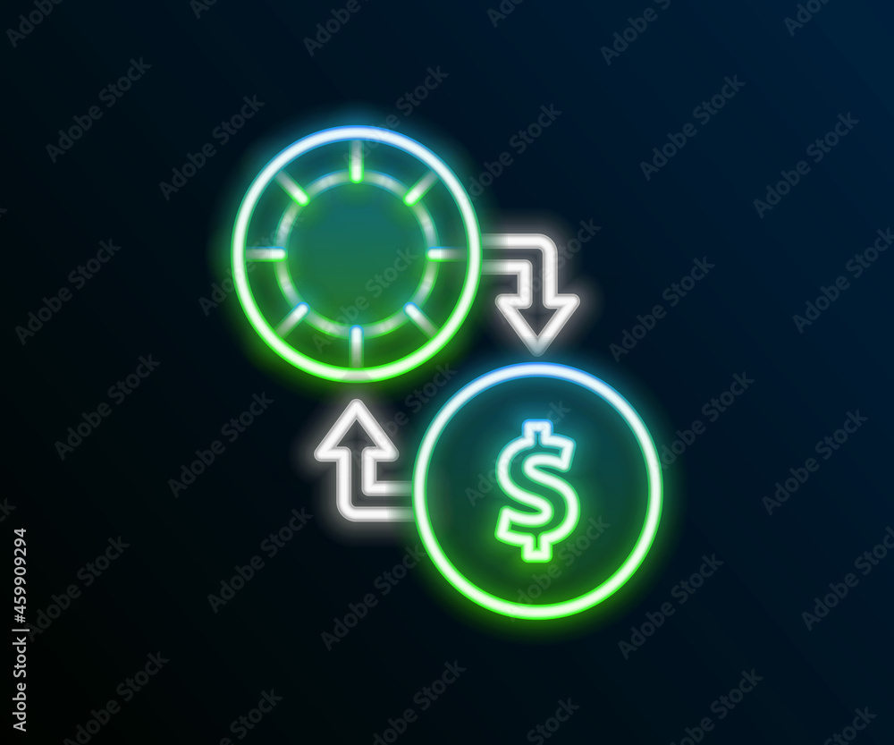 Glowing neon line Casino chips exchange on stacks of dollars icon isolated on black background. Colorful outline concept. Vector Glowing neon line Casino chips exchange on stacks of dollars icon isolated on black background. Colorful outline concept. Vector