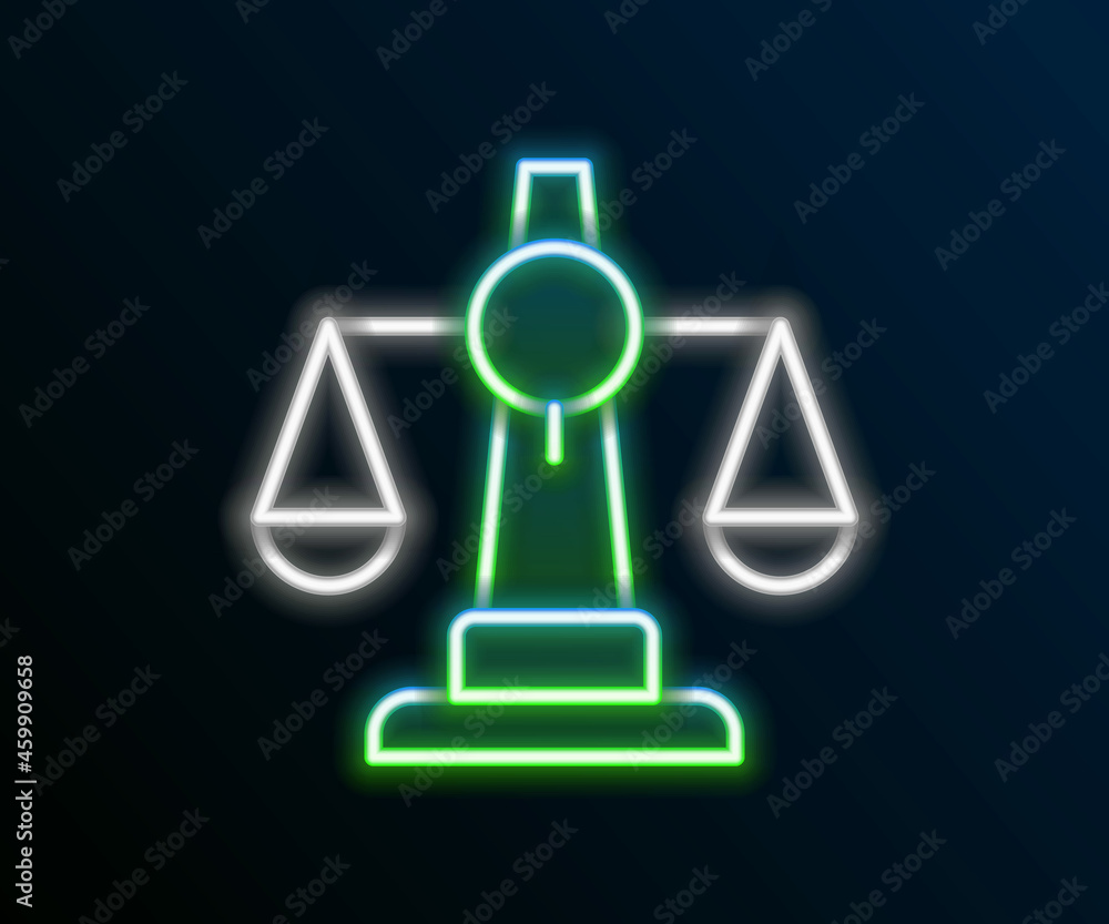 Glowing neon line Scales of justice icon isolated on black background. Court of law symbol. Balance scale sign. Colorful outline concept. Vector Glowing neon line Scales of justice icon isolated on black background. Court of law symbol. Balance scale sign. Colorful outline concept. Vector