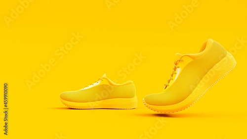 Yellow sneakers shoe. Character is moving forward on the yellow background. Copy space for your text. Minimal idea concept, 3D Render. © oatintro