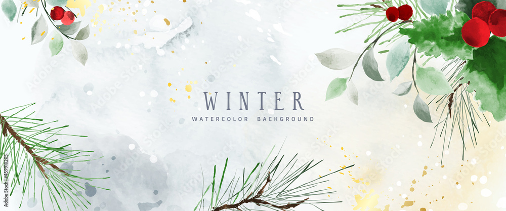Watercolor winter art background with berries and seasonal leaves - obrazy, fototapety, plakaty 