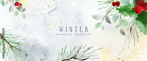 Watercolor winter art background with berries and seasonal leaves