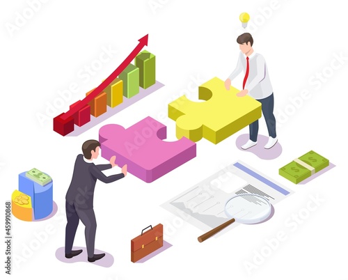 Business people solving jigsaw puzzle, vector isometric illustration. Teamwork, cooperation, partnership, strategy.