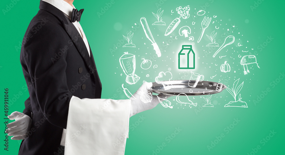 Waiter holding silver tray with food icons above Waiter holding silver tray with food icons above