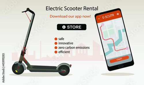Electric scooter rental mobile app concept. Internet advertisement mock-up. Ads template. E-scooter sharing service. Realistic vector illustration