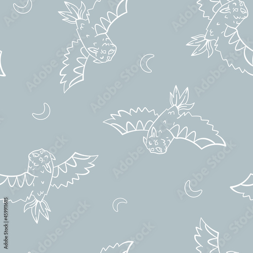 Vector Flying Magical Night Owl on Pastel Blue seamless pattern background. Perfect for fabric, scrapbooking and wallpaper projects. photo