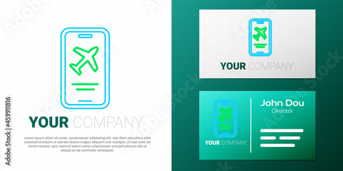 Line Smartphone with electronic boarding pass airline ticket icon isolated on white background. Passenger plane mobile ticket for web and app. Colorful outline concept. Vector