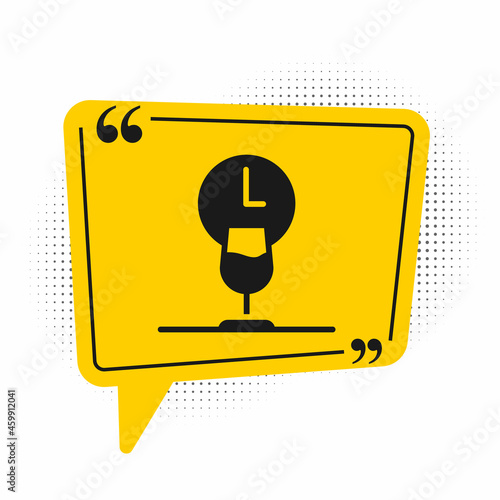 Black Wine time icon isolated on white background. Wine glass. Wineglass sign. Yellow speech bubble symbol. Vector