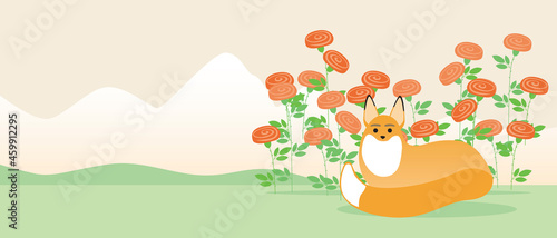 Fox and garden with roses, copy space template, flat vector stock illustration for overlay and design, hero of the book Little prince