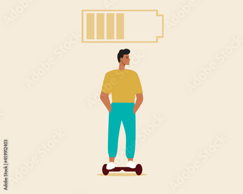 Gyroboard, eco moving, flat vector stock illustration with young man with gyro and battery indicator