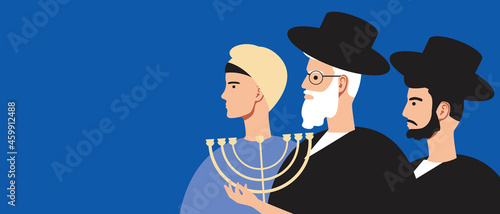 Judaists people, copy space template, flat vector stock illustration with religion Judaism and people in traditional clothes
