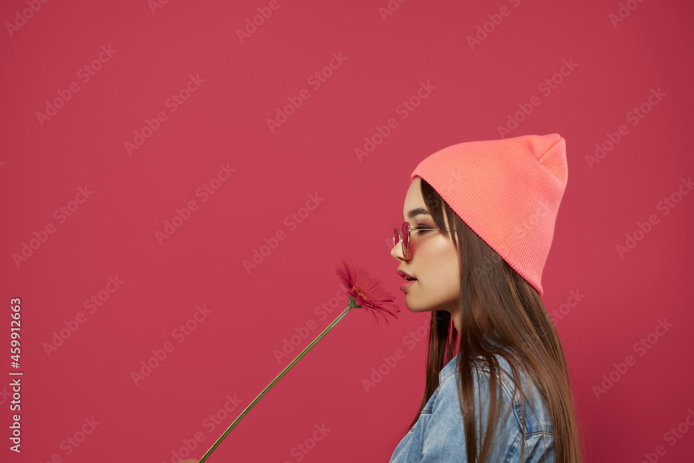 woman wearing sunglasses hat posing fashion pink background woman wearing sunglasses hat posing fashion pink background