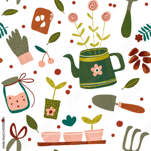 Seamless pattern with gardening tools. Can be used for wallpapers, fabric design, background for devise cases.
