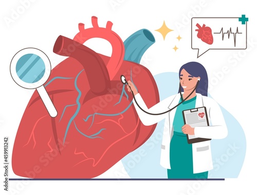 Doctor cardiologist examining human heart with stethoscope, vector illustration. Cardiology, medicine and heart health.