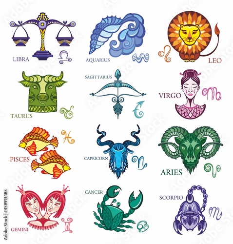 Zodiac astrology horoscope cards  design vector illustrations set. 