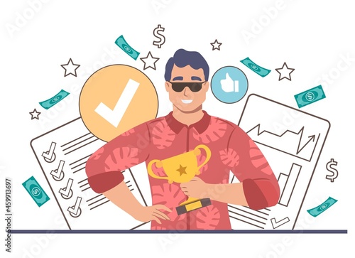 Happy businessman, champion, business competition winner holding trophy award cup, vector illustration. Career growth.