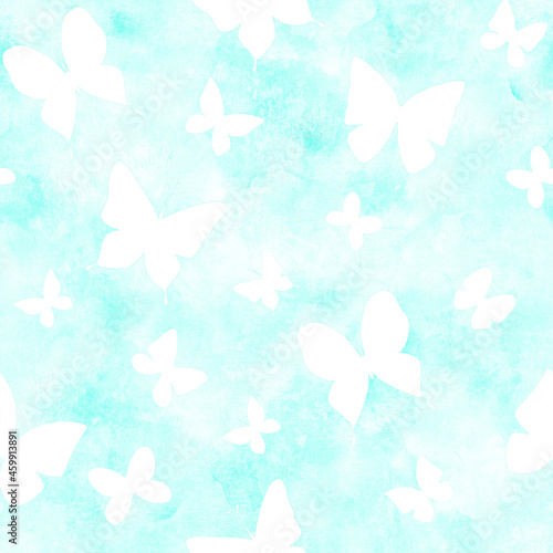 Seamless watercolor botanical summer pattern with white butterflies background