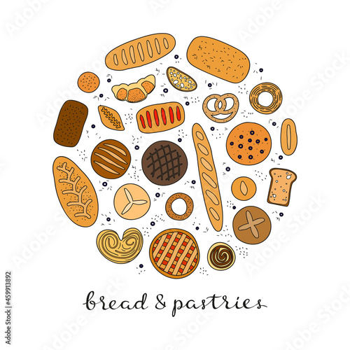 Hand drawn bread and pastries in circle.