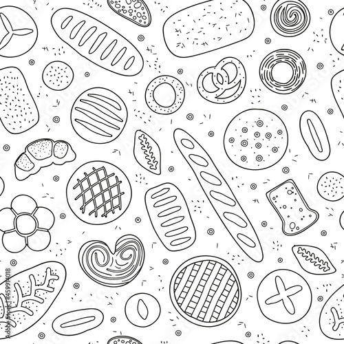 Seamless pattern with bread and pastries.