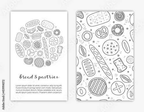 Card templates with hand drawn bread and pastries.
