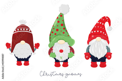 Christmas set with Scandinavian gnomes. Illustrations of Nordic folklore creature Nisse, Tomte. Christmas Gnome Collection. Hand drawn New Year dwarfs. Cartoon Kids Characters