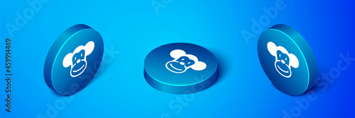 Isometric Monkey icon isolated on blue background. Animal symbol. Blue circle button. Vector