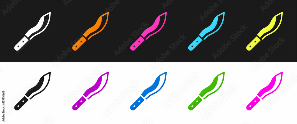 Set Machete or big knife icon isolated on black and white background. Vector Set Machete or big knife icon isolated on black and white background. Vector