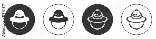 Black Camping hat icon isolated on white background. Beach hat panama. Explorer travelers hat for hunting, hiking, tourism. Circle button. Vector