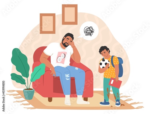 Tired dad sitting in armchair while son staying with ball and book in hands, flat vector illustration. Parental stress.