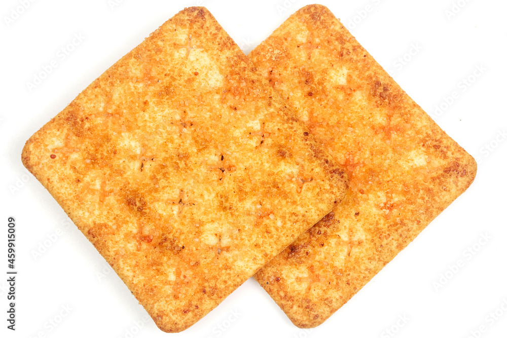 Barbeque flaver crackers isolated on white background, top view. Barbeque flaver crackers isolated on white background, top view.