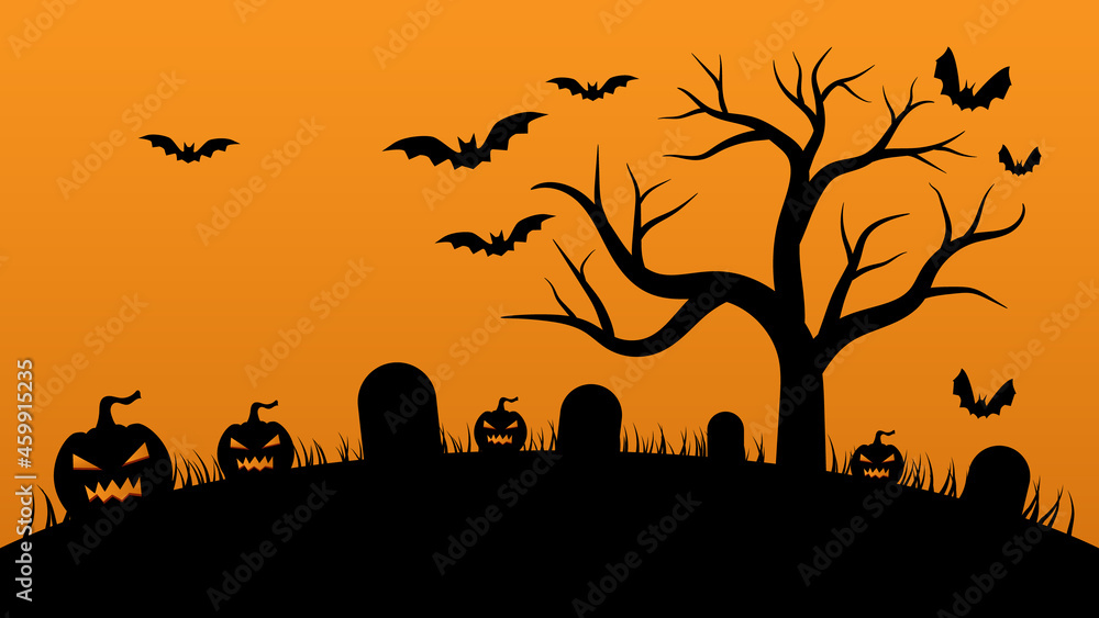 Halloween background. pumpkin with bats and bare tree on orange color background