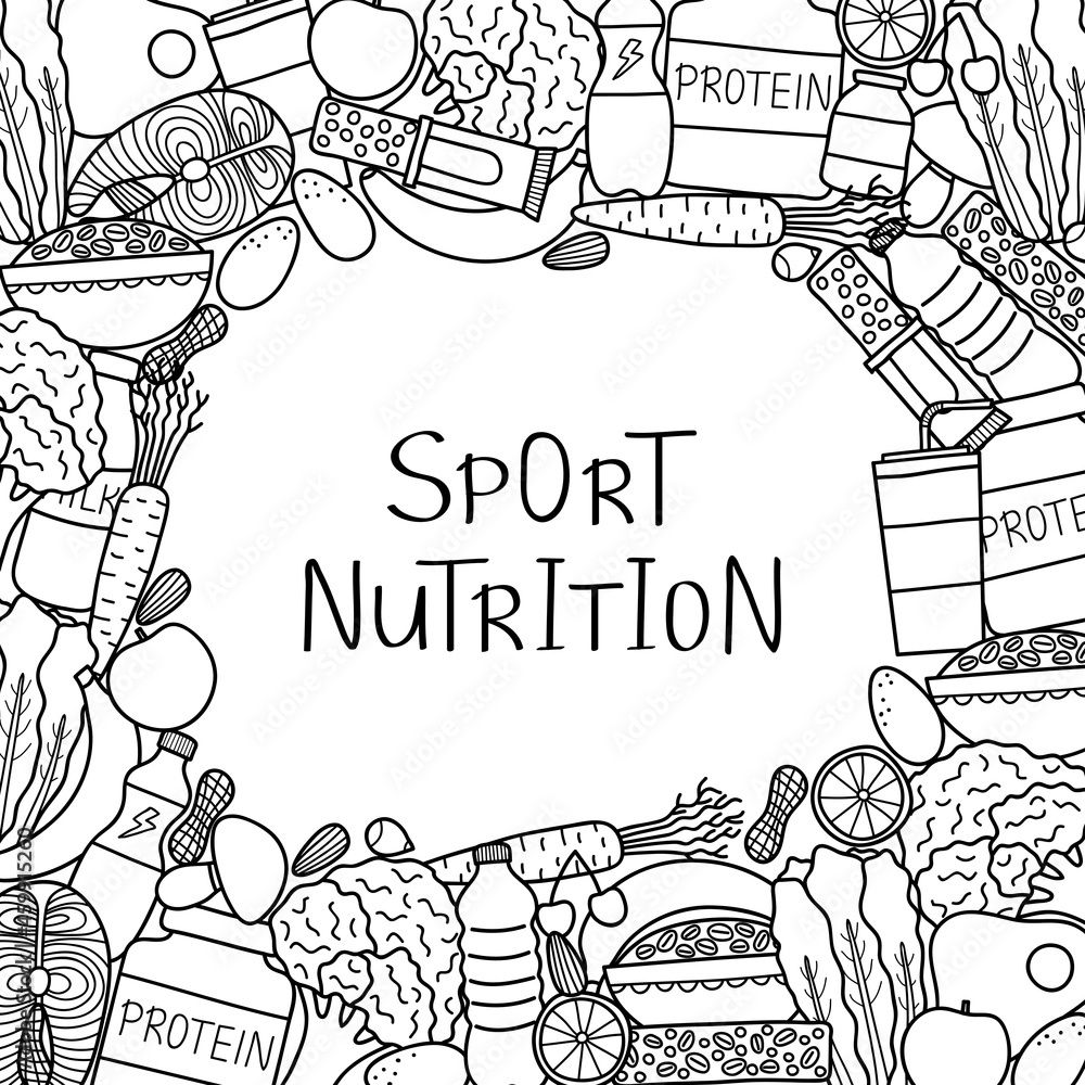 Square background with hand drawn sport foods.