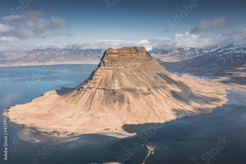 Kirkjufel volcanic mountain from aerial view photo