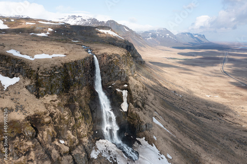 Bjarnarfoss waterfall from aerial view in winter photo