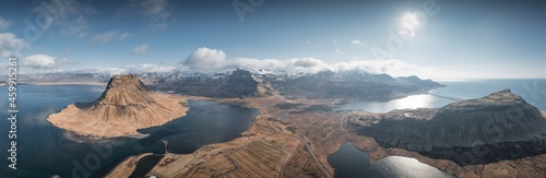 Kirkjufel volcanic mountain from aerial view in panoramic photo