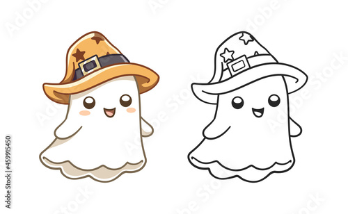 Cute happy ghost wearing witch hat colored and outline doodle cartoon illustration set. Halloween, trick or treat coloring book page activity for kids and adults.	