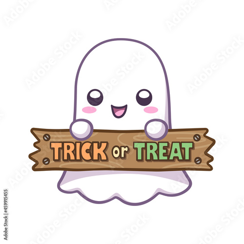 Cute ghost holding a trick or treat sign clipart vector illustration