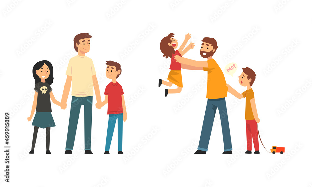 Loving Father Playing and Having Fun with His Kids Enjoying Good Time Together Vector Set Loving Father Playing and Having Fun with His Kids Enjoying Good Time Together Vector Set