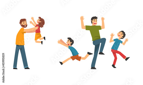 Loving Father Playing and Having Fun with His Kids Enjoying Good Time Together Vector Set