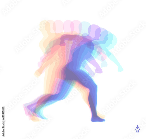 Young aggressive man showing fists. Emblem for sport or politics. Transparent overlapping silhouettes. Vector illustration.