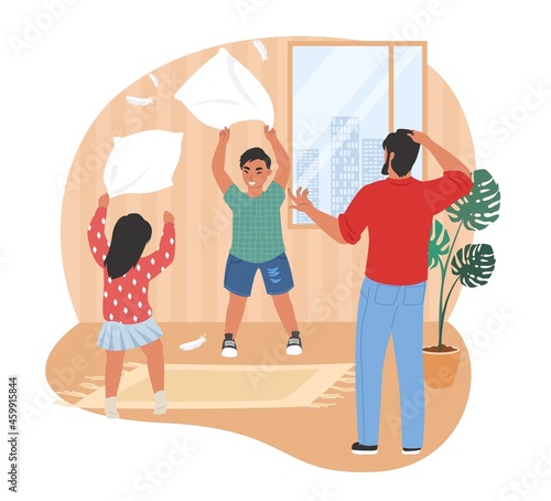Stressed dad looking at his naughty kids playing with pillows, flat vector illustration. Parental stress.