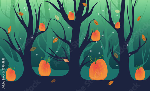 Halloween Forest in green and orange colors. Cute vector design for October harvest celebration. 