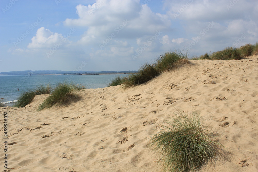 Camber sands East Sussex UK - view of Camber Sand dunes with sky and sea dunes held together with grasses stopping sand blowing away Camber sands East Sussex UK - view of Camber Sand dunes with sky and sea dunes held together with grasses stopping sand blowing away