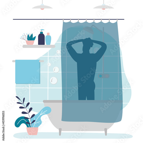 Silhouette naked man behind shower curtain. Male character washing hair with shampoo. Guy bathing in bath