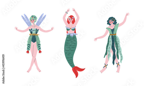 Magic Forest Fairy or Pixie with Wings and Mermaid with Fish Tail Vector Set
